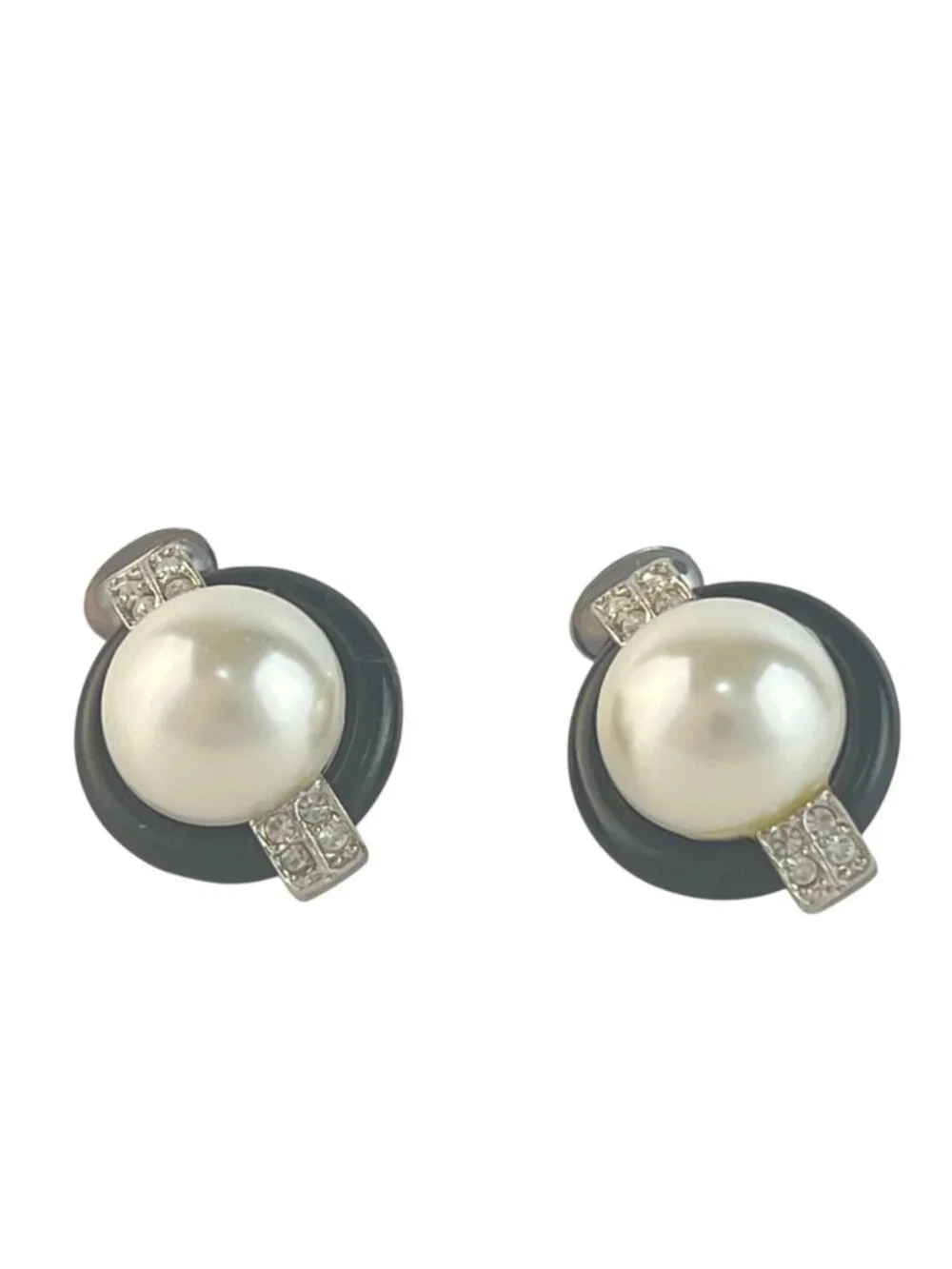 Vintage Kenneth Lane Clip-On Earrings, Faux Black Onyx & Pearls /Pave Rhinestone